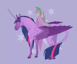 Size: 1280x1058 | Tagged: safe, artist:soaringdragonpl, derpibooru import, spike, twilight sparkle, twilight sparkle (alicorn), alicorn, dragon, pony, cutie mark background, dragons riding ponies, duo, female, hoers, image, jpeg, large wings, leonine tail, male, mare, riding, tail, winged spike, wings