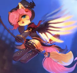 Size: 1580x1508 | Tagged: safe, artist:astralblues, derpibooru import, fluttershy, pegasus, pony, artificial wings, augmented, broom, evie, flying, flying broomstick, hat, image, jpeg, one eye closed, paladins: champions of the realm, pumpkin, solo, wings, wink, witch, witch hat