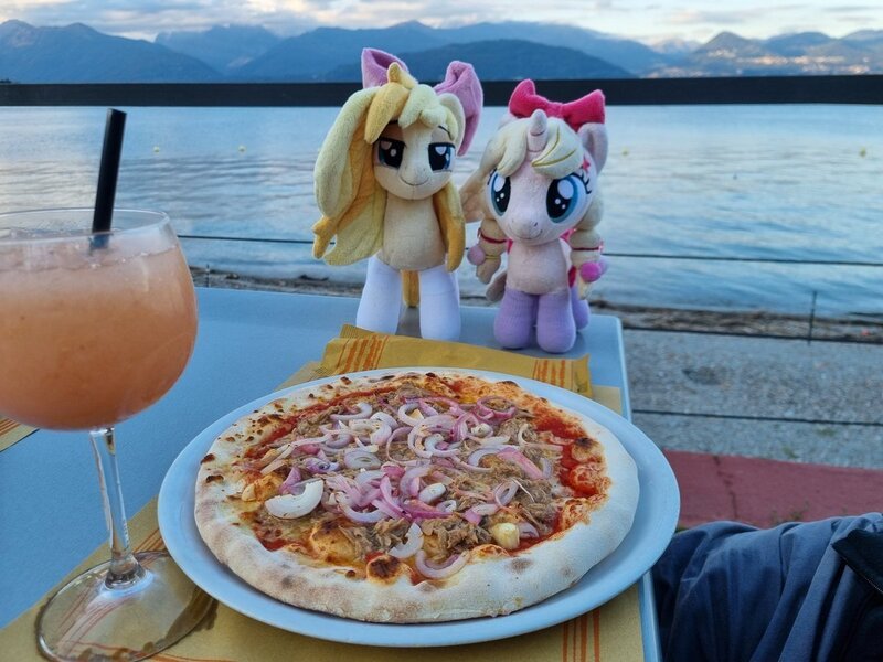 Size: 1200x900 | Tagged: safe, artist:xeto_de, derpibooru import, oc, oc:lily allure, oc:wingblossom, food, image, irl, italy, jpeg, lake, photo, pizza, plushie