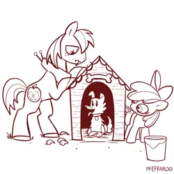 Size: 2048x2048 | Tagged: safe, artist:pfeffaroo, derpibooru import, apple bloom, big macintosh, winona, dog, earth pony, pony, brother and sister, dog house, female, filly, image, male, monochrome, paint, paintbrush, png, siblings, simple background, white background