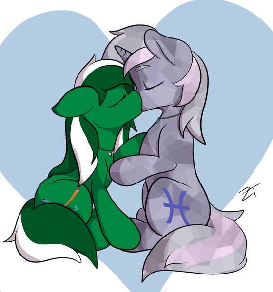 Size: 2800x3000 | Tagged: safe, artist:zombietator, derpibooru import, oc, unofficial characters only, crystal pony, earth pony, pony, abstract background, earth pony oc, image, jewelry, kissing, necklace, oc x oc, png, shipping, signature