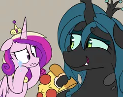 Size: 1351x1066 | Tagged: safe, artist:icey, derpibooru import, princess cadance, queen chrysalis, crying, food, image, peetzer, pizza, png, pure unfiltered evil, that pony sure does love pizza