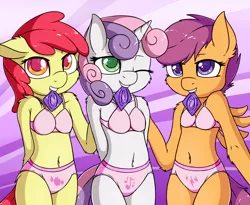 Size: 2454x2016 | Tagged: suggestive, artist:fearingfun, banned from derpibooru, ponybooru import, apple bloom, scootaloo, sweetie belle, anthro, earth pony, pegasus, unicorn, bra, clothes, condom, condom in mouth, cutie mark crusaders, female, image, lingerie, lolicon, mouth hold, panties, png, underage, underwear