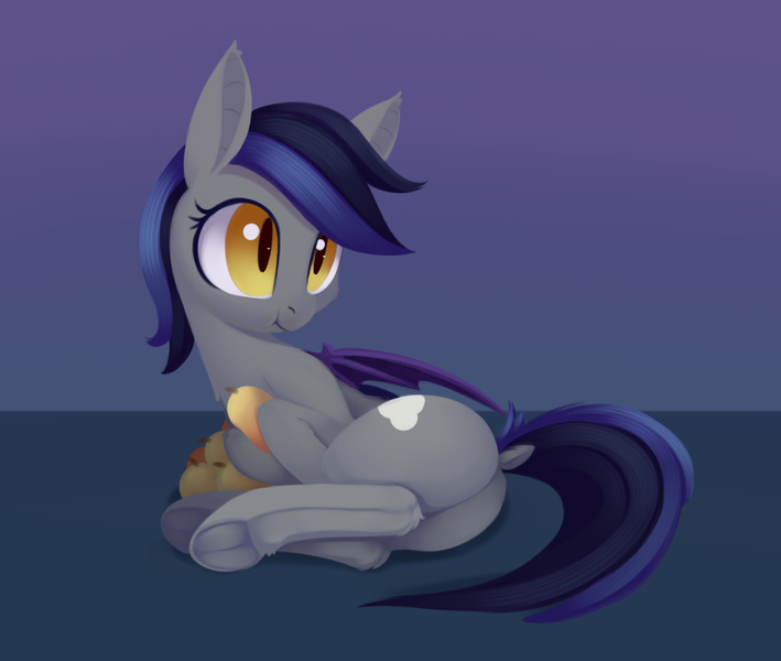 Size: 1174x994 | Tagged: safe, artist:dusthiel, derpibooru import, oc, oc:echo, unofficial characters only, bat pony, pony, butt, dock, female, food, image, lying down, mango, mare, plot, png, prone, solo, tail, that batpony sure does love mangoes, underhoof