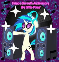 Size: 1000x1037 | Tagged: safe, artist:rainofbladess, derpibooru import, vinyl scratch, pony, unicorn, banner, bipedal, colorful, dancing, glasses, headphones, image, mlp fim's eleventh anniversary, music, music notes, note, png, record, shine, smiling, solo, speakers