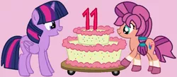 Size: 893x390 | Tagged: safe, artist:edgeoffear, artist:jadeharmony, derpibooru import, sunny starscout, twilight sparkle, twilight sparkle (alicorn), alicorn, earth pony, pony, my little pony: a new generation, base used, birthday cake, cake, female, food, g5, g5 to g4, happy birthday mlp:fim, image, mare, markings, mlp fim's eleventh anniversary, pink background, png, simple background, sunny and her heroine, unshorn fetlocks