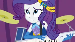 Size: 3410x1920 | Tagged: safe, derpibooru import, screencap, rarity, equestria girls, equestria girls series, rollercoaster of friendship, drums, female, high res, image, jpeg, musical instrument, photo booth (song), ponied up, solo