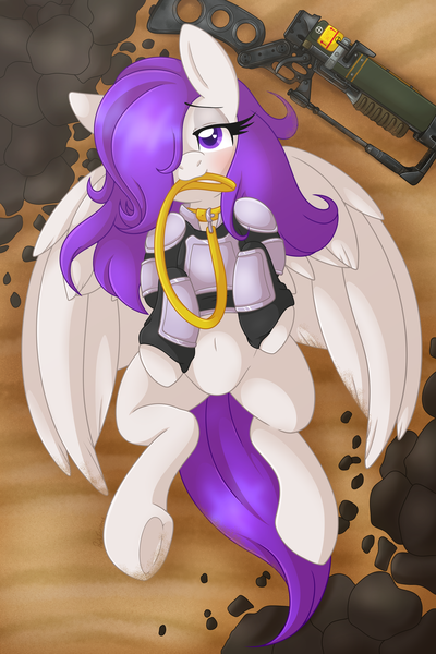 Size: 3543x5315 | Tagged: suggestive, alternate version, artist:pearlyiridescence, derpibooru import, oc, oc:morning glory (project horizons), unofficial characters only, pegasus, fallout equestria, fallout equestria: project horizons, adorasexy, armor, bedroom eyes, belly, belly button, blushing, clothes, collar, cute, desert, dog collar, fanfic art, featureless crotch, frog (hoof), hair over one eye, heart eyes, image, laser rifle, leash, looking at you, lying down, mouth hold, on back, pet play, png, sand, sexy, shirt, underhoof, wingding eyes, wings