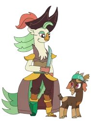 Size: 2448x3264 | Tagged: safe, artist:supahdonarudo, derpibooru import, captain celaeno, avian, bird, goat, parrot, parrot pirates, them's fightin' herds, my little pony: the movie, bandana, community related, crossover, facial hair, goatee, hat, image, looking at each other, pirate, pirate hat, png, shanty (tfh), simple background, sword, transparent background, weapon