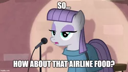 Size: 800x450 | Tagged: safe, derpibooru import, maud pie, the maud couple, airline food, brick wall, comedy, ferb fletcher, image, joke, jpeg, maud the comedian, meme, phineas and ferb, stand-up comedy