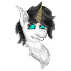 Size: 960x964 | Tagged: safe, artist:lil_vampirecj, derpibooru import, oc, oc:wafflemare, pony, unicorn, black mane, blue eyes, brown eyes, bust, ears up, fluffy, food, image, looking at you, looking back, looking back at you, photo, png, raffle prize, smiling, smiling at you, solo, waffle, white body