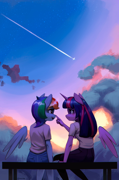 Size: 1800x2719 | Tagged: safe, artist:mrscroup, derpibooru import, rainbow dash, twilight sparkle, twilight sparkle (alicorn), alicorn, anthro, pegasus, bench, boop, clothes, cloud, contrails, duo, female, floating wings, horn, image, jeans, jpeg, lesbian, pants, plane, ponytober, shipping, sitting, sky, stars, twidash, wings