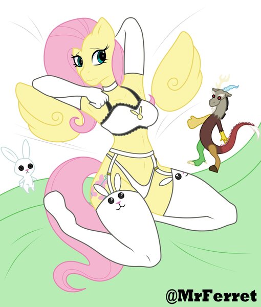 Size: 1700x2000 | Tagged: suggestive, alternate version, artist:mr.ferret, derpibooru import, angel bunny, discord, fluttershy, anthro, unguligrade anthro, armpits, belly button, bikini, bra, choker, clothes, evening gloves, female, floating wings, garter belt, gloves, image, jpeg, lingerie, long gloves, panties, plushie, sexy, socks, solo, solo female, stockings, swimsuit, thigh highs, underwear, wings