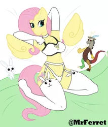 Size: 1700x2000 | Tagged: suggestive, alternate version, artist:mr.ferret, derpibooru import, angel bunny, discord, fluttershy, anthro, unguligrade anthro, armpits, belly button, bikini, bra, choker, clothes, evening gloves, female, floating wings, garter belt, gloves, image, jpeg, lingerie, long gloves, panties, plushie, sexy, socks, solo, solo female, stockings, swimsuit, thigh highs, underwear, wings