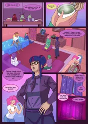 Size: 3508x4961 | Tagged: suggestive, artist:annon, derpibooru import, applejack, fluttershy, pinkie pie, rainbow dash, rarity, spike, twilight sparkle, human, comic:pink world, apple, bed, bookshelf, clothes, coat, comic, cookie, couch, curtains, dialogue, eating, food, glasses, glow, human spike, humanized, image, jacket, jeans, mane seven, mane six, necktie, overalls, pants, plant, png, snacks, speech bubble, sweatband, sweater, tea, tracksuit