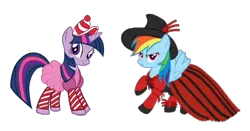 Size: 1144x600 | Tagged: safe, derpibooru import, rainbow dash, twilight sparkle, pegasus, pony, unicorn, candyland, clothes, costume, image, licorice, looking at you, lord licorice, mr. mint, png, simple background, smiling, transparent background, unicorn twilight, wings