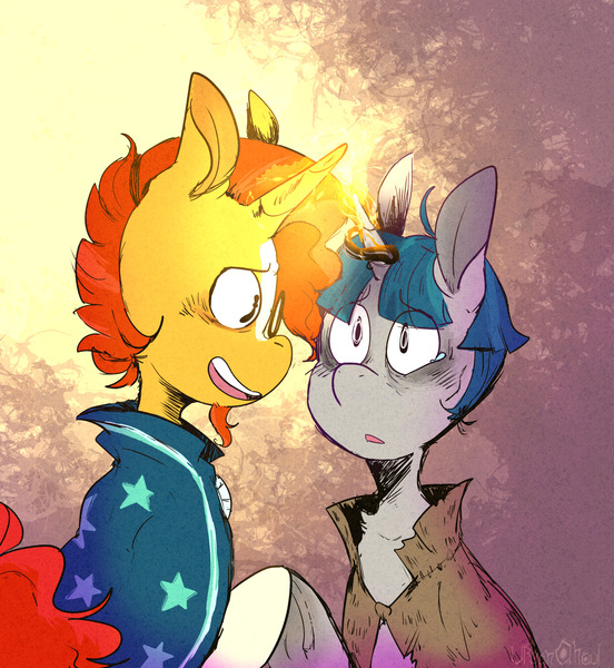 Size: 2048x2225 | Tagged: safe, artist:urbanqhoul, derpibooru import, stygian, sunburst, pony, unicorn, duo, gay, image, jpeg, male, shipping, stallion, styburst