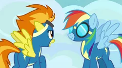 Size: 1920x1080 | Tagged: safe, derpibooru import, screencap, rainbow dash, spitfire, pegasus, pony, secrets and pies, spoiler:s07, butt, clothes, duo, female, goggles, image, mare, plot, png, uniform, wonderbolts uniform