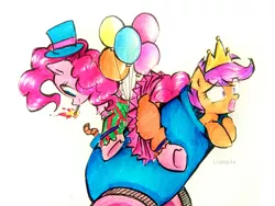 Size: 1032x775 | Tagged: safe, artist:liaaqila, derpibooru import, pinkie pie, scootaloo, earth pony, pegasus, pony, clown, cute, image, jpeg, match, party cannon, pony cannonball