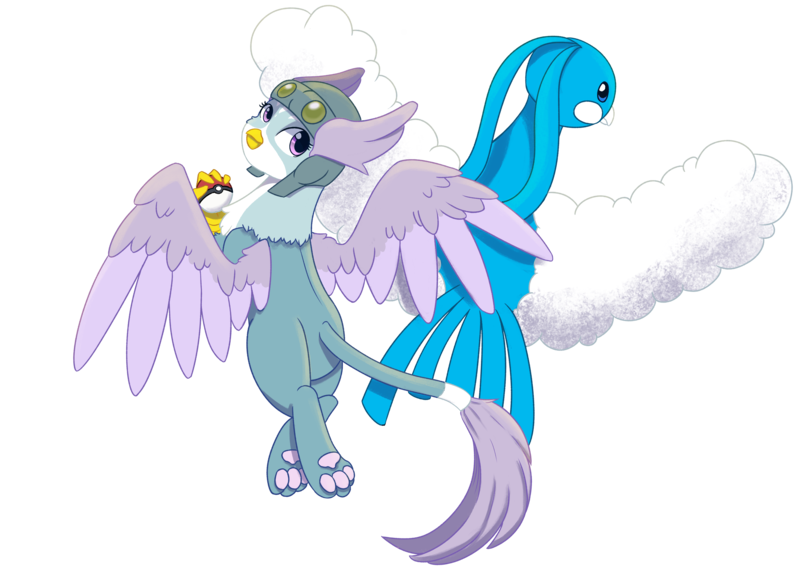 Size: 4960x3508 | Tagged: safe, artist:backgroundpony#f352, derpibooru import, altaria, gryphon, crossover, duo, eyes open, female, flying, griffonized, helmet, image, paw pads, paws, png, pokéball, pokémon, simple background, species swap, spread wings, transparent background, wings, winona (pokémon)