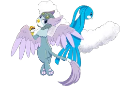 Size: 4960x3508 | Tagged: safe, artist:backgroundpony#f352, derpibooru import, altaria, gryphon, crossover, duo, eyes open, female, flying, griffonized, helmet, image, paw pads, paws, png, pokéball, pokémon, simple background, species swap, spread wings, transparent background, wings, winona (pokémon)