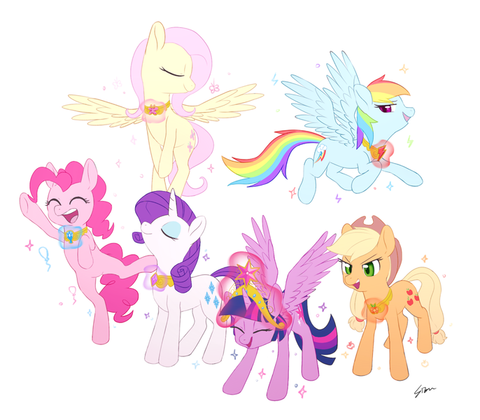 Size: 1000x875 | Tagged: safe, artist:sion, derpibooru import, applejack, fluttershy, pinkie pie, rainbow dash, rarity, twilight sparkle, twilight sparkle (alicorn), alicorn, earth pony, pegasus, unicorn, applejack's hat, big crown thingy, cowboy hat, cute, element of generosity, element of honesty, element of kindness, element of laughter, element of loyalty, element of magic, elements of harmony, eyes closed, female, hat, image, jewelry, magic, magic aura, mane six, open mouth, png, ponytober, regalia, telekinesis