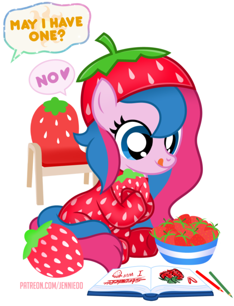 Size: 766x1000 | Tagged: safe, artist:jennieoo, derpibooru import, oc, oc:star sparkle, unofficial characters only, pony, blue eyes, book, chair, clothes, coloring book, costume, dialogue, food, hat, image, kigurumi, plushie, png, simple background, sitting, solo, speech bubble, strawberry, tail, tongue out, transparent background, two toned mane, two toned tail, vector