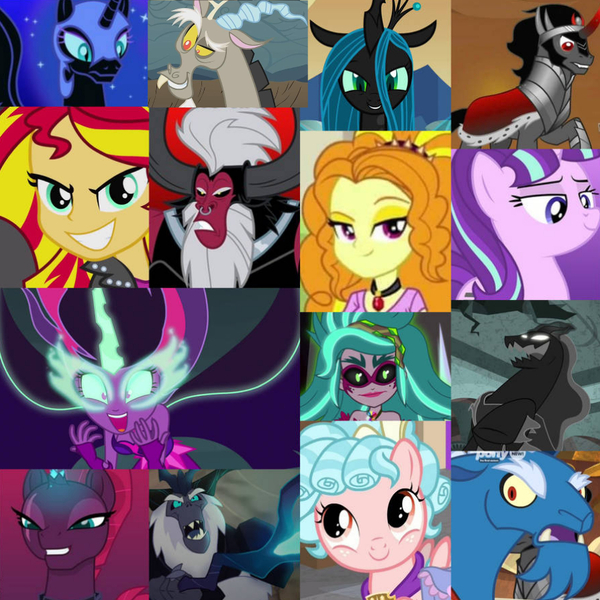 Size: 894x894 | Tagged: safe, derpibooru import, adagio dazzle, cozy glow, discord, gaea everfree, grogar, king sombra, lord tirek, nightmare moon, pony of shadows, princess luna, queen chrysalis, starlight glimmer, storm king, stygian, sunset shimmer, tempest shadow, twilight sparkle, alicorn, centaur, changeling, changeling queen, draconequus, human, pegasus, pony, sheep, unicorn, equestria girls, my little pony: the movie, cape, clothes, collage, female, filly, image, jpeg, male, midnight sparkle, ram, villians