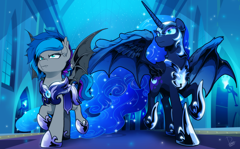 Size: 4000x2480 | Tagged: safe, alternate version, artist:dormin-kanna, derpibooru import, nightmare moon, oc, oc:lyssa, alicorn, bat pony, pony, unicorn, alternate character, armor, bat pony oc, bat wings, castle, commission, duo, duo female, ear fluff, ethereal mane, fangs, female, guardsmare, helmet, horseshoes, image, mare, night guard, nightmare moon armor, peytral, png, royal guard, spread wings, walking, wings, ych result