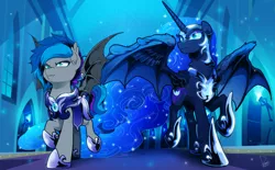 Size: 4000x2480 | Tagged: safe, alternate version, artist:dormin-kanna, derpibooru import, nightmare moon, oc, oc:lyssa, alicorn, bat pony, pony, unicorn, alternate character, armor, bat pony oc, bat wings, castle, commission, duo, duo female, ear fluff, ethereal mane, fangs, female, guardsmare, helmet, horseshoes, image, mare, night guard, nightmare moon armor, peytral, png, royal guard, spread wings, walking, wings, ych result