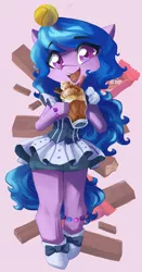 Size: 2144x4096 | Tagged: safe, artist:saxopi, derpibooru import, pony, semi-anthro, unicorn, my little pony: a new generation, ball, clothes, food, g5, image, izzy's tennis ball, jpeg, kit kat, milkshake, open mouth, skirt, tennis ball