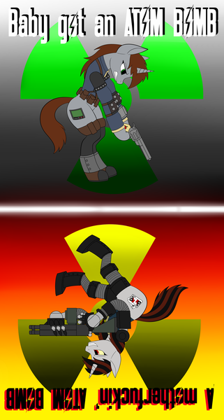 Size: 2513x4695 | Tagged: questionable, derpibooru import, oc, oc:blackjack, oc:littlepip, cyborg, unicorn, fallout equestria, fallout equestria: project horizons, armor, fanfic art, gradient background, gun, handgun, image, little macintosh, mirror, pipbuck, png, prosthetics, radiation sign, red and black mane, revolver, song reference, text, upside down, vulgar, weapon