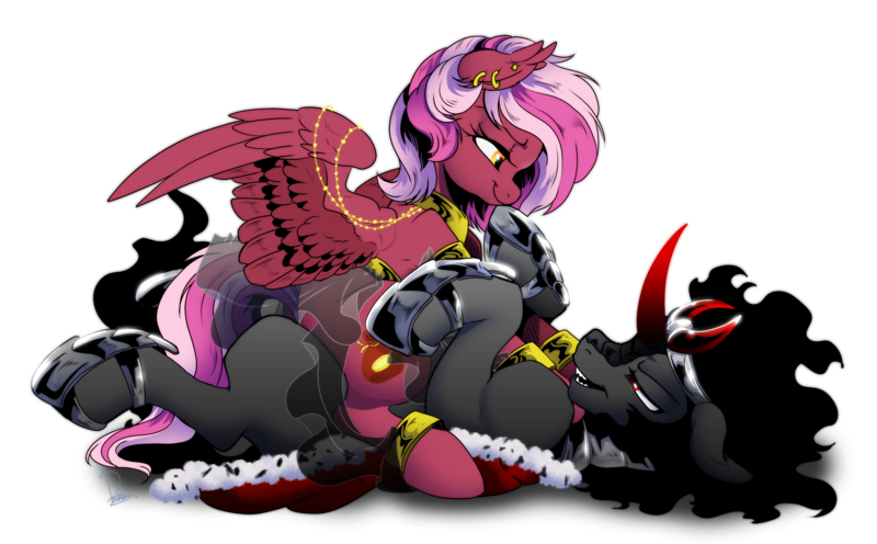 Size: 4000x2480 | Tagged: suggestive, derpibooru import, king sombra, oc, oc:zeny, pegasus, pony, unicorn, anklet, armlet, belly dancer outfit, bracelet, canon x oc, cape, clothes, ear fluff, ear piercing, earring, female, femdom, gold, harem outfit, horn, image, jewelry, loincloth, looking at each other, looking down, looking up, lying down, male, mare, on back, open mouth, peytral, piercing, png, regalia, simple background, sitting, sitting on, sitting on pony, stallion, straight, transparent background, wing jewelry, wings