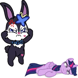 Size: 395x395 | Tagged: safe, artist:mega-poneo, derpibooru import, twilight sparkle, alicorn, pony, rabbit, angry, animal, anime, blank flank, crossover, female, image, invincible, jewelpet, luea, mare, png, simple background, transparent background