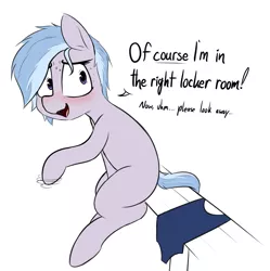 Size: 2341x2355 | Tagged: safe, artist:pinkberry, derpibooru import, oc, oc:winter azure, earth pony, pony, alternate hairstyle, blushing, braces, clothes, colored sketch, colt, crossdressing, cute, dialogue, earth pony oc, embarrassed, femboy, freckles, girly, hair over one eye, image, imminent crossdressing, locker room, male, ocbetes, one-piece swimsuit, png, sitting, sketch, speech, sweat, sweatdrops, swimsuit, talking, trap