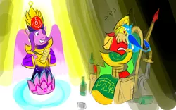 Size: 1280x800 | Tagged: safe, artist:horsesplease, derpibooru import, gallus, lotus blossom, pipp petals, sprout cloverleaf, armor, bottle, crowing, crown, drunk, emperor, emperor sprout, g5, gallus the rooster, goddess, helmet, image, immortal, jewelry, jpeg, khopesh, rabydosverse, regalia, sad sprout, sarmelonid, scribe, sleeping, spear, spider web, spinel, sword, this will end in death, throne, tomb, vozonid, weapon