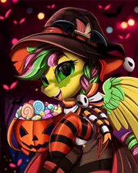 Size: 2550x3209 | Tagged: safe, artist:pridark, derpibooru import, part of a set, oc, oc:niyati, pegasus, pony, bucket, candy, clothes, commission, costume, female, food, green eyes, halloween, hat, high res, holiday, horn, image, jack-o-lantern, mare, open mouth, part of a series, pegasus oc, png, pumpkin, pumpkin bucket, red eyes, socks, solo, striped socks, wings, witch hat, ych result