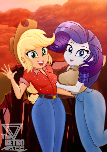 Size: 1207x1710 | Tagged: safe, artist:theretroart88, derpibooru import, applejack, rarity, equestria girls, autumn, best friends, breasts, busty applejack, busty rarity, clothes, cute, duo, female, image, jackabetes, looking at you, open mouth, open smile, pants, png, raribetes, smiling, tree, waving