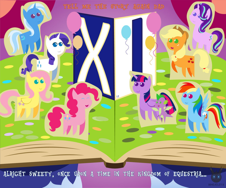 Size: 1870x1551 | Tagged: safe, artist:wheatley r.h., derpibooru import, applejack, fluttershy, pinkie pie, rainbow dash, rarity, spike, starlight glimmer, sunny starscout, trixie, twilight sparkle, twilight sparkle (alicorn), alicorn, dragon, earth pony, pegasus, pony, unicorn, my little pony: a new generation, argyle starshine, book, derpibooru exclusive, g5, image, jpeg, mane seven, mane six, mlp fim's eleventh anniversary, pointy ponies, vector, watermark, winged spike, wings