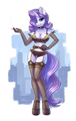 Size: 2208x3508 | Tagged: suggestive, alternate version, artist:dandy, derpibooru import, rarity, anthro, pony, unguligrade anthro, unicorn, areola, areola slip, bedroom eyes, belly button, bra, breasts, cigarette, cleavage, clothes, explicit source, female, garter belt, gloves, hair over one eye, hand on hip, high res, image, lingerie, long gloves, looking at you, mare, panties, png, shoes, socks, solo, solo female, stockings, thigh highs, underwear