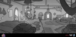 Size: 1920x928 | Tagged: safe, artist:debbie yeo, derpibooru import, my little pony: a new generation, spoiler:my little pony: a new generation, concept art, g5, globe, grayscale, image, jpeg, living room, monochrome, no pony, sunny's house, telescope
