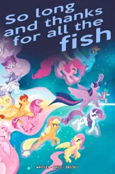 Size: 526x798 | Tagged: safe, artist:justasuta, derpibooru import, edit, idw, applejack, crystal (character), fluttershy, marini, pinkie pie, rainbow dash, rarity, silverstream, smolder, spike, star swirl the bearded, twilight sparkle, twilight sparkle (alicorn), abyssinian, alicorn, diamond dog, dragon, earth pony, hippogriff, kelpie, pegasus, unicorn, zebra, spoiler:comic102, spoiler:g5, cover, flying, g5, image, jpeg, mane seven, mane six, molly (cat), moonbeam twinkletail, pony history, reference to another series, season 10, the hitchhiker's guide to the galaxy, winged spike, wings