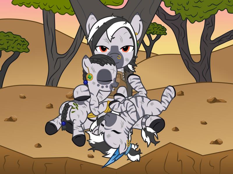 Size: 4000x3000 | Tagged: safe, alternate version, artist:theonewithoutaname, derpibooru import, oc, oc:nozomu, oc:palesa, oc:uzoma, unofficial characters only, zebra, butt, cactus needles, cliff, commission, cuddling, cute, desert, dirty, drool, ear piercing, earring, embrace, foal, image, jewelry, nose piercing, nose ring, piercing, png, roughed up, scratches, sleeping, stone, tail, tired