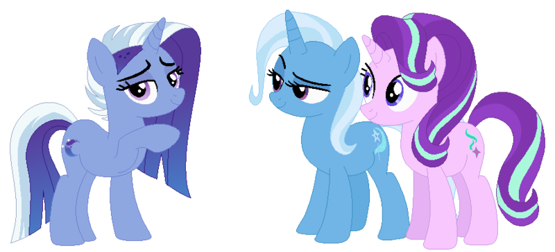 Size: 905x411 | Tagged: safe, artist:riveraux, derpibooru import, starlight glimmer, trixie, oc, family, female, image, lesbian, magical lesbian spawn, offspring, parent:starlight glimmer, parent:trixie, parents:startrix, png, shipping, startrix