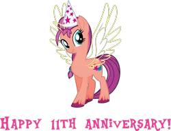 Size: 3675x2804 | Tagged: safe, alternate version, anonymous artist, derpibooru import, sunny starscout, alicorn, earth pony, pony, my little pony: a new generation, .svg available, artificial wings, augmented, cardboard twilight, derpibooru exclusive, eyelashes, female, g5, hat, horn, image, magic, magic wings, mare, mlp fim's eleventh anniversary, party hat, png, princess sunny starscout, simple background, smiling, solo, sunnycorn, transparent background, unshorn fetlocks, vector, wings