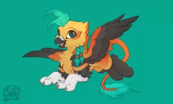 Size: 2826x1702 | Tagged: safe, artist:kez, artist:rileyisherehide, derpibooru import, oc, oc:atlamanticaricusika'n, unofficial characters only, gryphon, collaboration, flying, green background, griffon oc, image, male, open mouth, png, simple background, smiling, solo