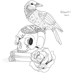 Size: 2300x2360 | Tagged: safe, derpibooru import, raven, bird, animal, halloween, holiday, holloween, image, ink, inktober, jpeg, magic, magick, micron, prompt, skull