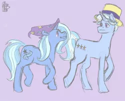 Size: 1280x1029 | Tagged: safe, artist:hippiecide, derpibooru import, jack pot, trixie, pony, unicorn, clothes, duo, father and child, father and daughter, female, hat, image, jpeg, looking at each other, male, mare, purple background, raised hoof, raised leg, simple background, stallion, tail, trixie's hat