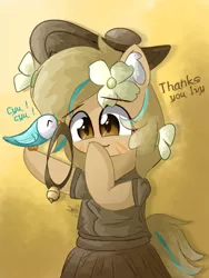 Size: 1000x1333 | Tagged: safe, artist:grithcourage, derpibooru import, oc, oc:grith courage, bird, earth pony, pony, abstract background, adorable face, cute, floppy ears, flower, flower in hair, hat, image, png, signature, text