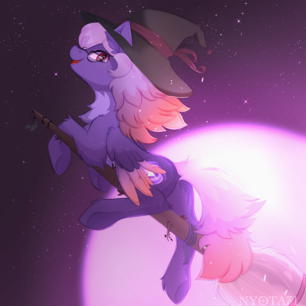 Size: 1389x1389 | Tagged: safe, artist:nyota71, derpibooru import, oc, oc:ardent dusk, bat pony, pony, bat pony oc, bat wings, broom, butt, colored wings, commission, flower, glasses, hat, image, looking at you, moon, moonlight, png, smiling, solo, wings, witch, witch hat, ych example, ych result, your character here